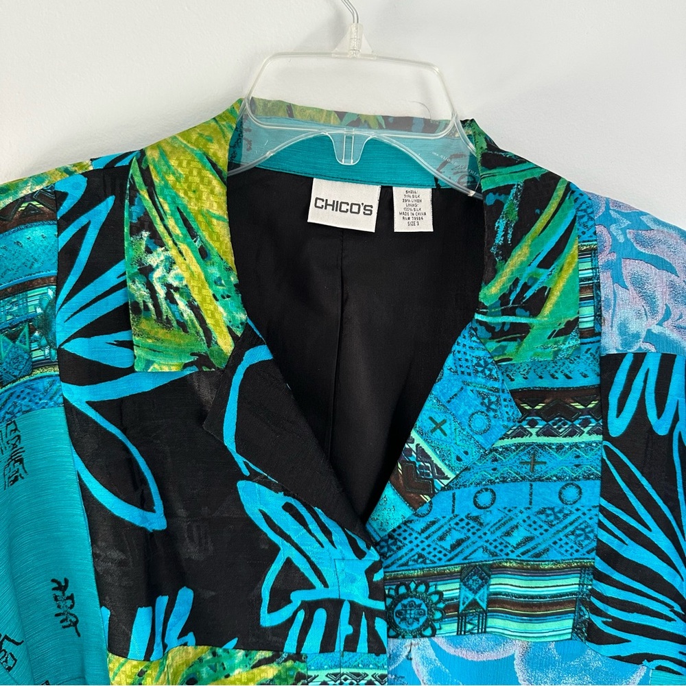 Chico's silk linen blend Asian inspired patchwork button down jacket blue green - Picture 2 of 6